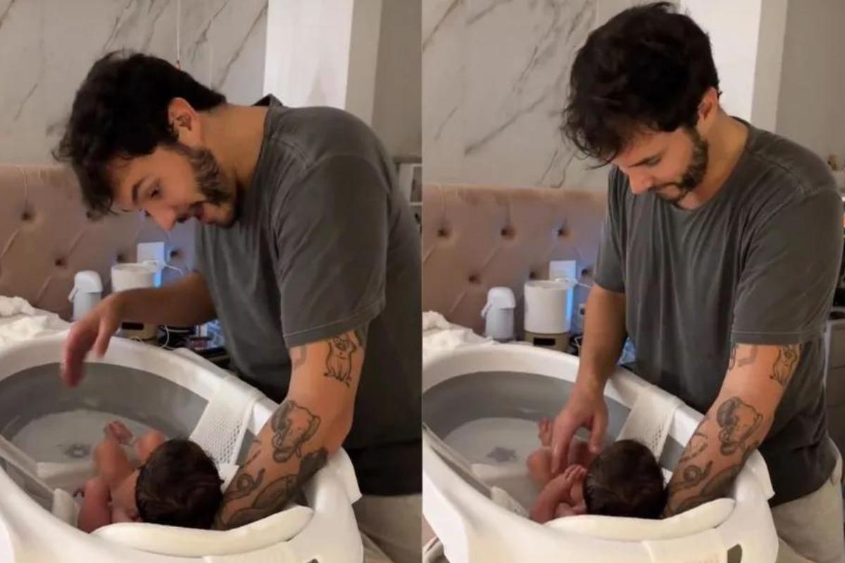 Eliezer dando banho pela primeira vez em Lua