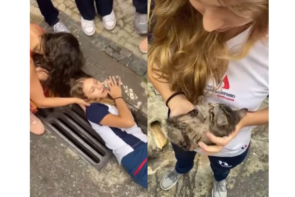 A menina conseguiu salvar o gato de dentro do bueiro