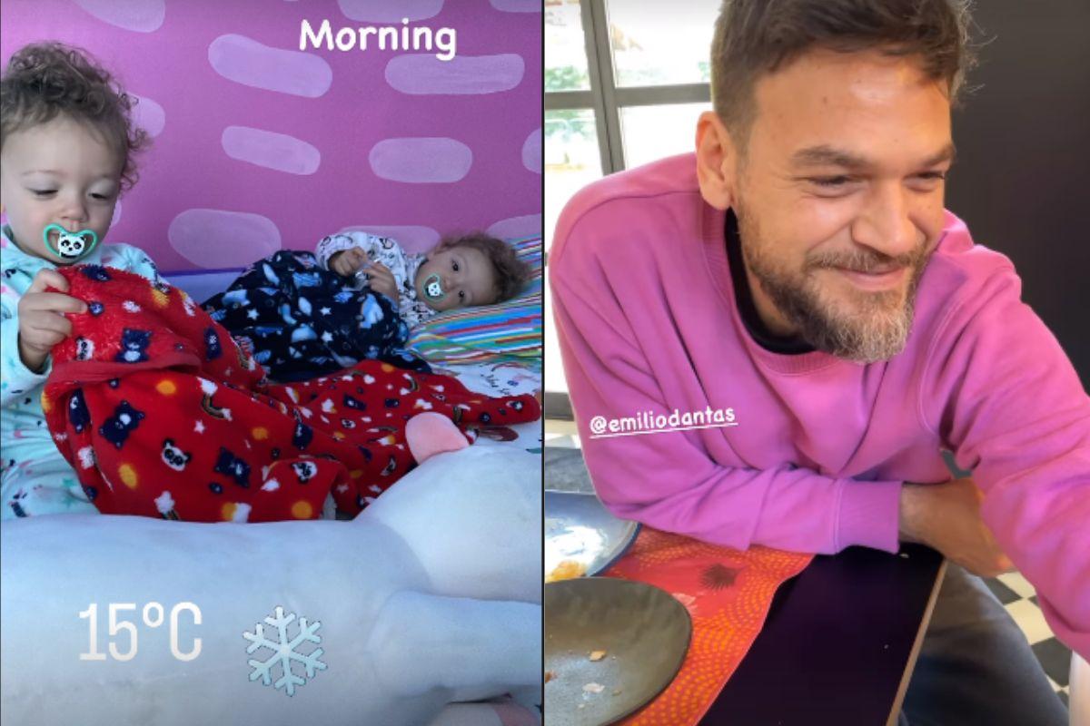 Stories de Fabiula Nascimento mostrando os filhos g&ecirc;meos e o marido, Em&iacute;lio Dantas