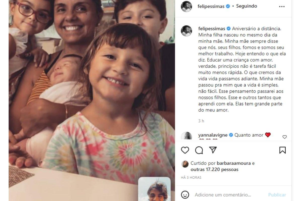 Felipe Simas se declara para mãe e filha nas redes sociais