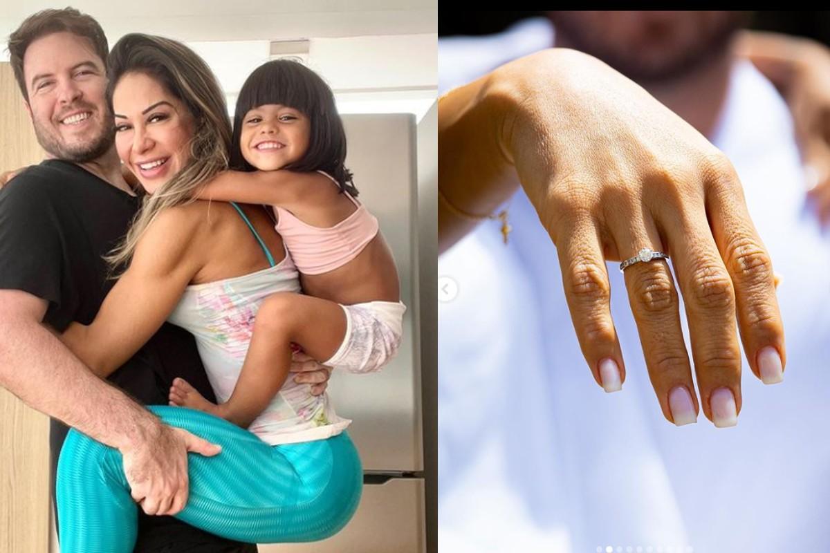 Maíra Cardi e Thiago Nigro com a filha da influenciadora, Sophia. Ao lado, uma foto do anel de noivado de Maíra