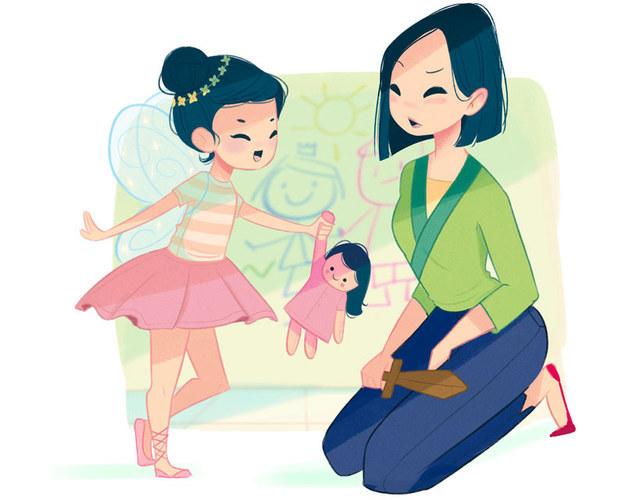 Mulan Vida de mãe: Mulan tem uma filha que é daquelas super femininas, que adoram rosa e lacinhos, e a Mulan simplesmente não sabe o que fazer com ela. Muitas noites ela reclama com Li Shang: “Eu, sozinha, derrotei os Hunos e ainda assim ela idolatra nossa vizinha Miss Chen porque ela é boa em fazer maquiagens!” 