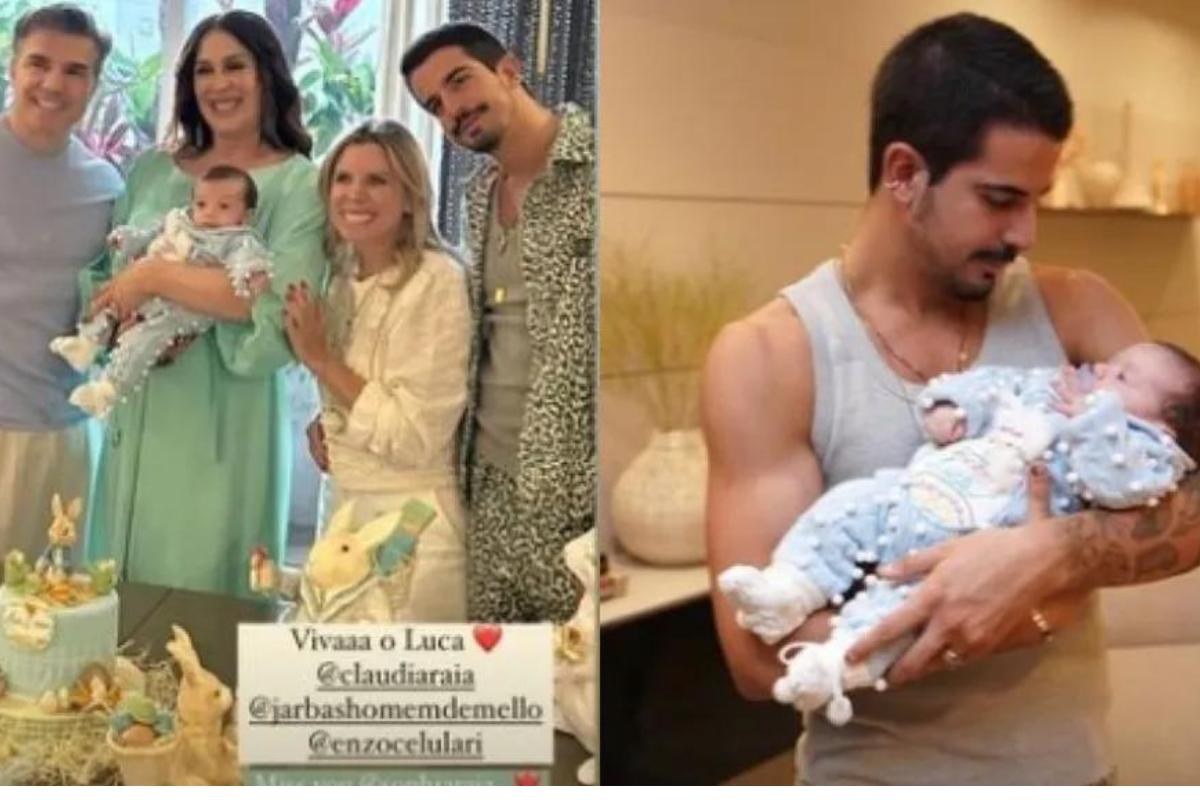 Claudia Raia ao lado da família e dos amigos à esquerda e Enzo Celulari com Luca no colo à direita