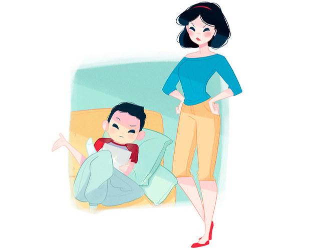 Branca de Neve Vida de mãe: A Branca tem um filho adolescente que fica sentado no sofá o dia todo. Isso a deixa furiosa e faz com que ela reclame: “Você não tem ideia de como sua vida é fácil. Quando eu tinha a sua idade eu tinha que fazer trabalho servil para sete anões!