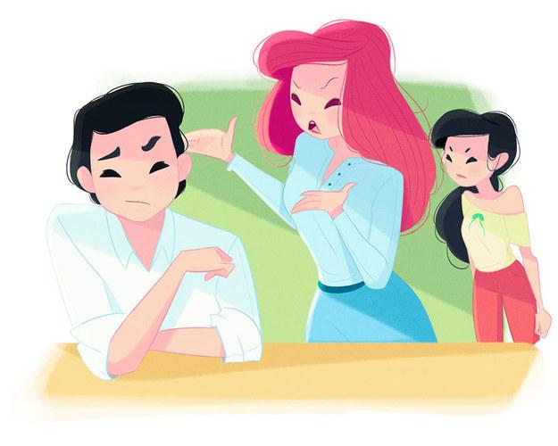 Ariel Vida de mãe: Ariel está constantemente discutindo com seu marido sobre o quanto de liberdade eles devem dar à filha. “Você está brincando, Eric?”, ela diz com frequência. “Quando eu tinha a idade dela eu pensei que um garfo era um pente e praticamente vendi minha alma para uma bruxa para ter um namorado! De jeito nenhum ela vai à feira sozinha!”.