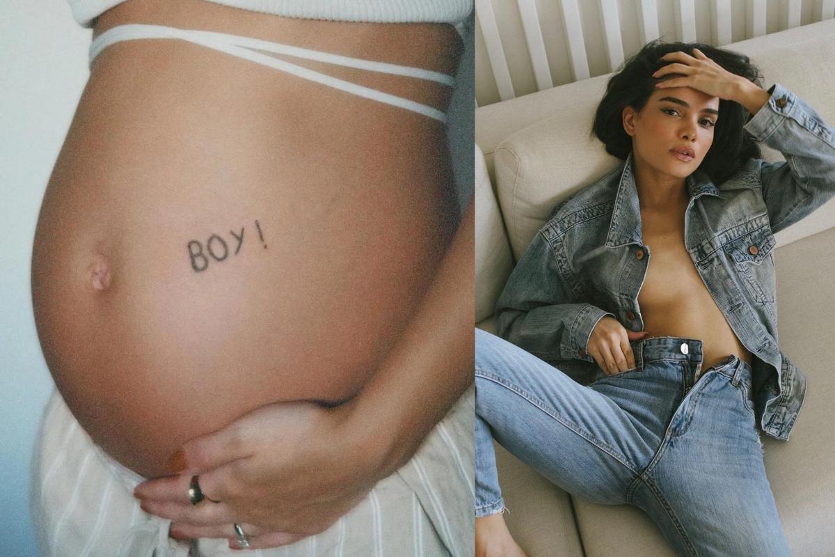 Barriga de Carol Macedo escrito "Boy" (menino em inglês) à esquerda e Carol Macedo à direita