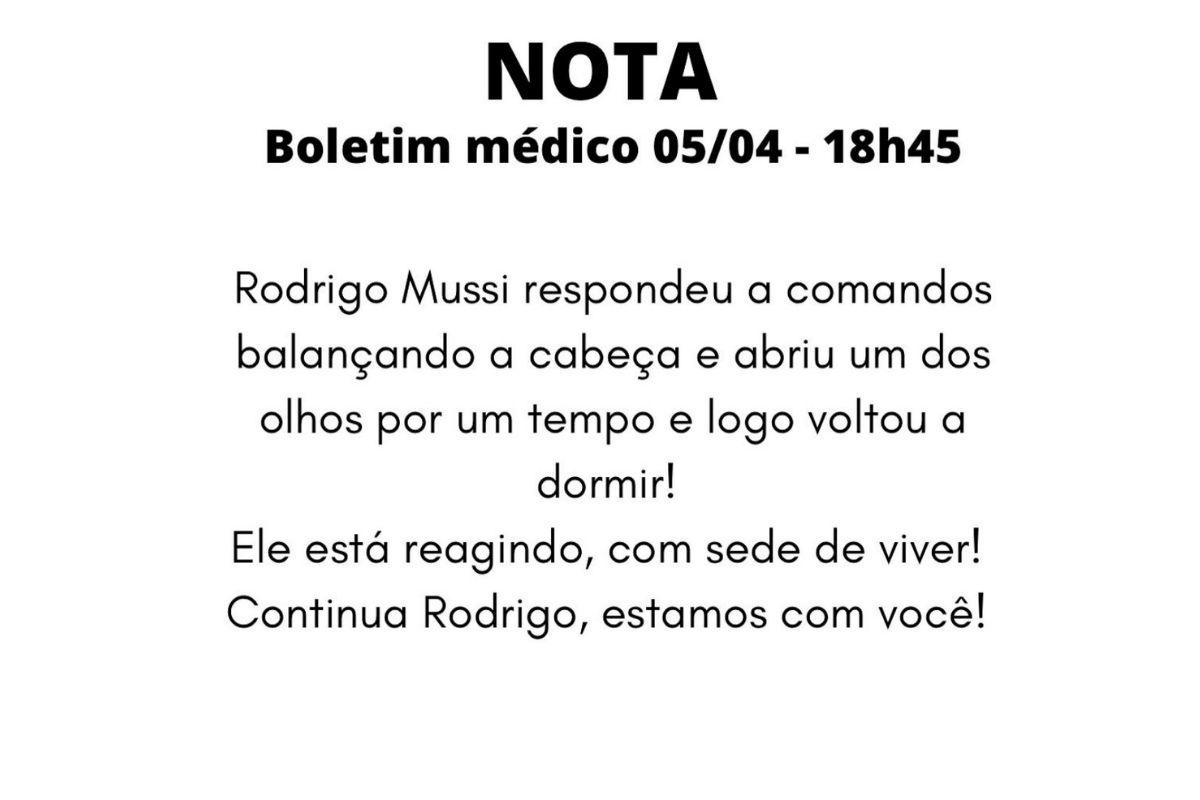 O boletim médico de Rodrigo Mussi foi atualizado nesta noite de terça-feira