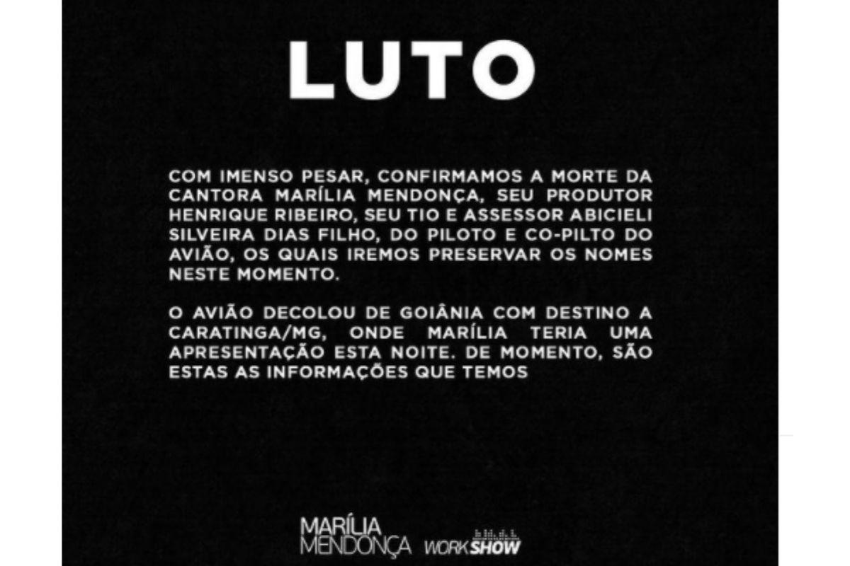 Assessoria de Marília Mendonça se manifesta sobre morte da cantora