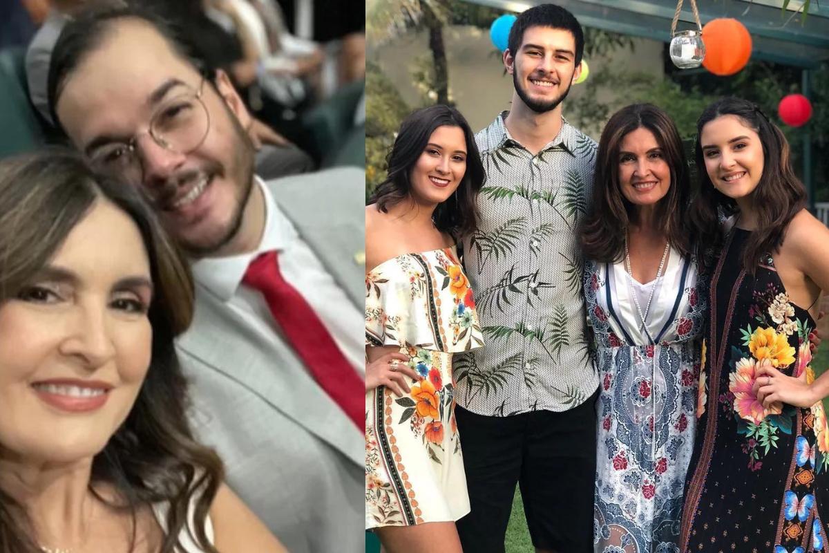 Fátima Bernades ao lado de Túlio à esquerda e Fátima ao lado dos três filhos à direita