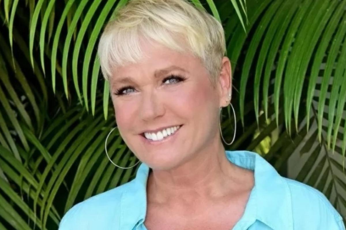 Xuxa em foto com uma blusa azul, atrás de folhas verdes