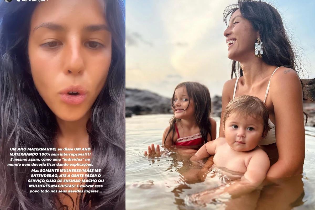 Yanna Lavigne com as duas filhas pequenos no colo