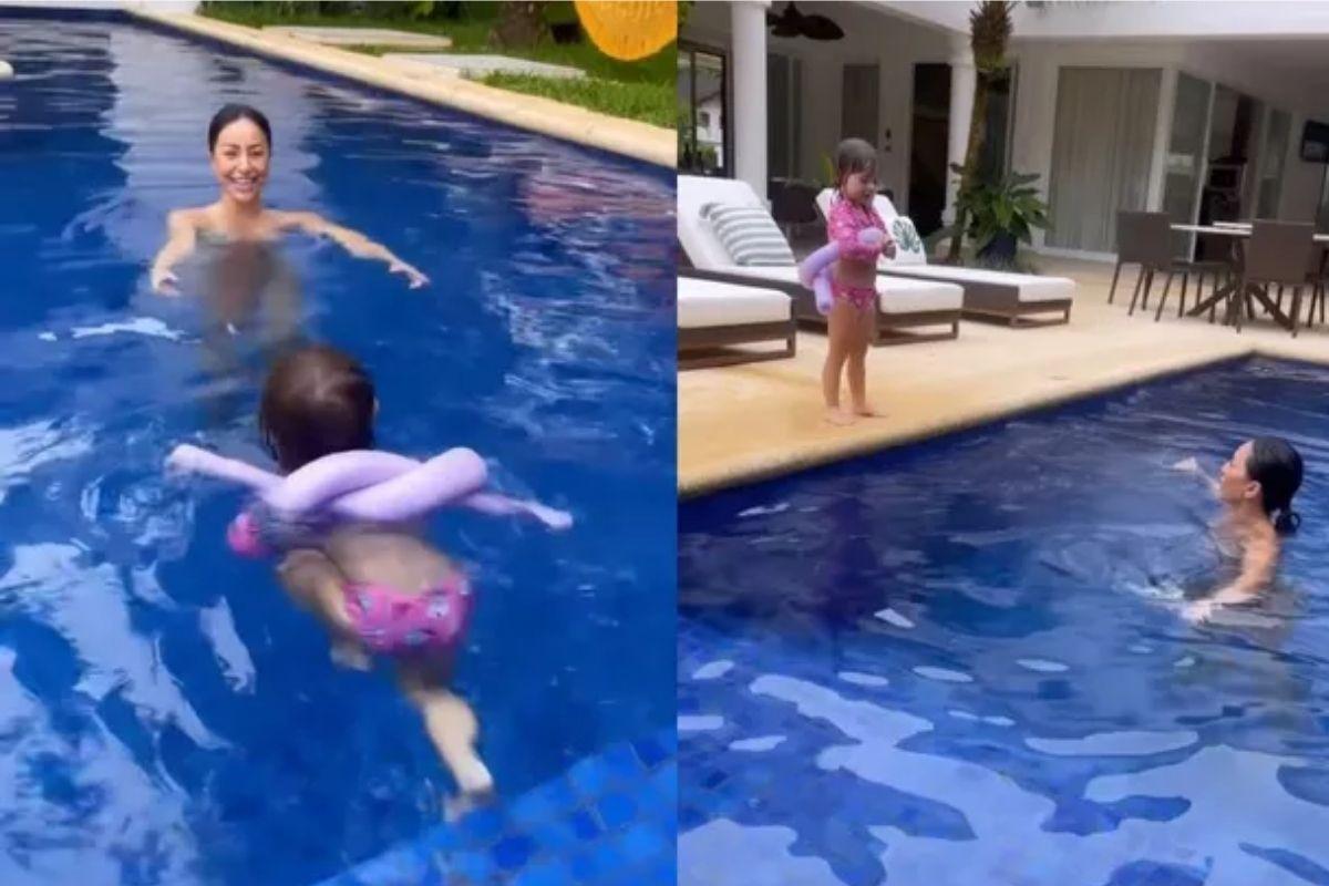 Sabrina Sato curte piscina com Zoe