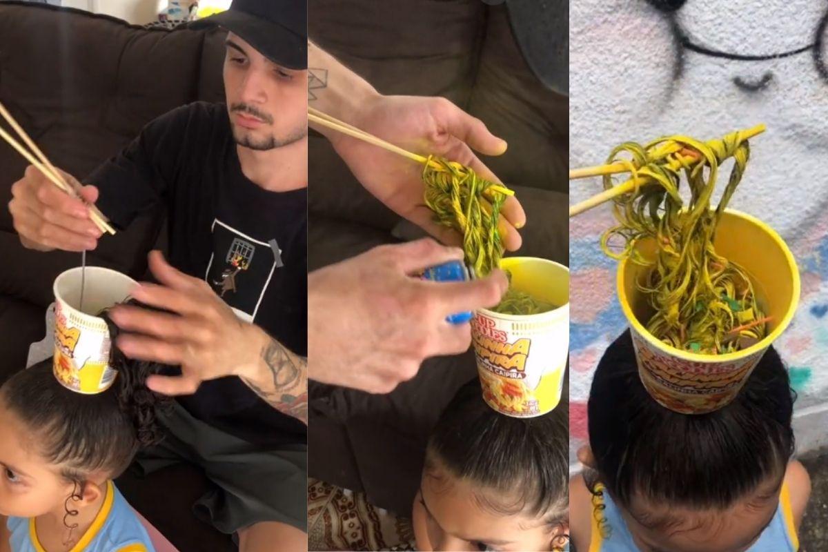 Pai faz o cabelo da filha de macarrão em dia do cabelo maluco 