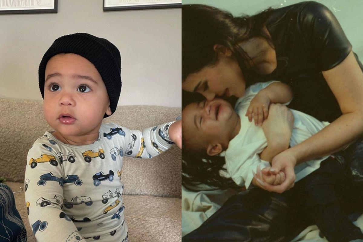 Montagem da foto do filho de Kylie e ela com ele