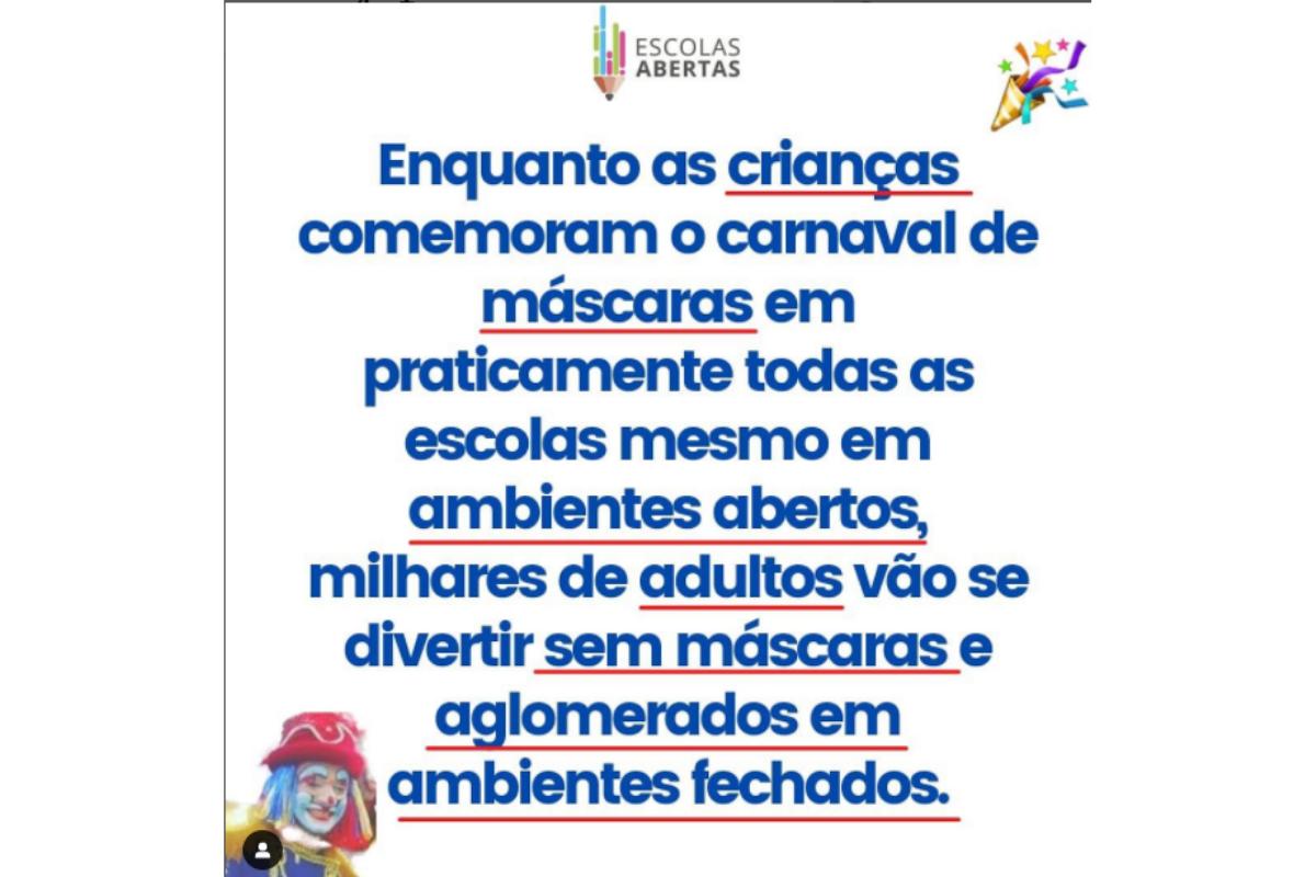 Movimento Escolas Abertas em São Paulo também já fez algumas publicações nas redes sociais pedindo pela não obrigatoriedade das máscaras em crianças