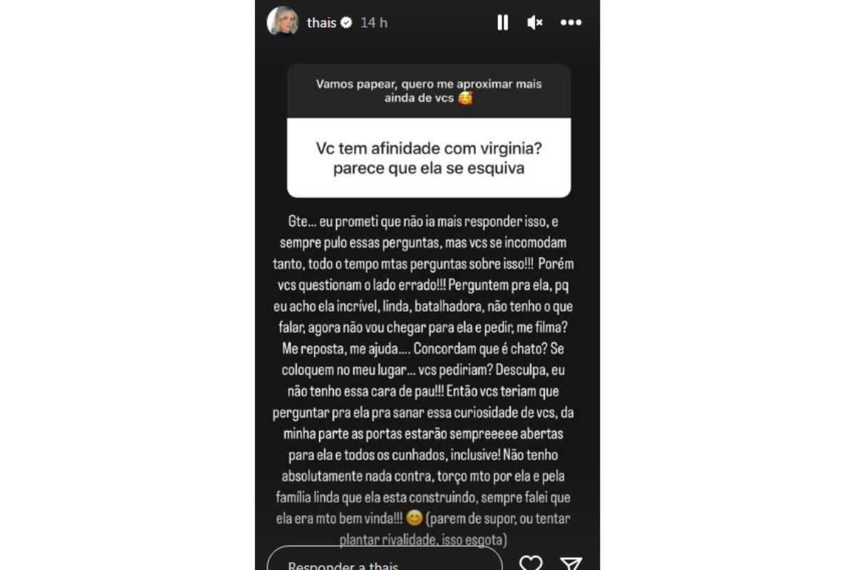 Storie de Thais Gebelein, esposa de Pedro Leonardo, sobre sua rela&ccedil;&atilde;o com a concunhada Virginia Fonseca