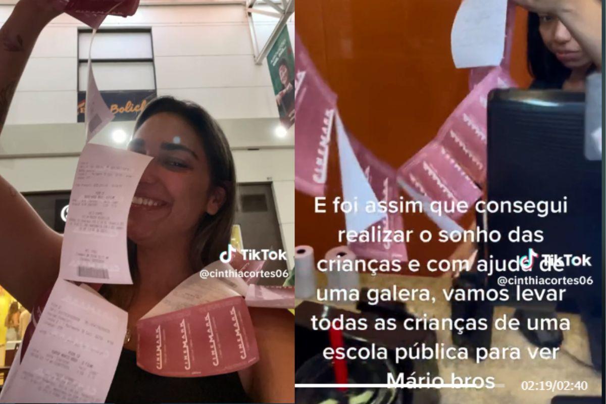 Professora com os ingressos do cinema para os alunos