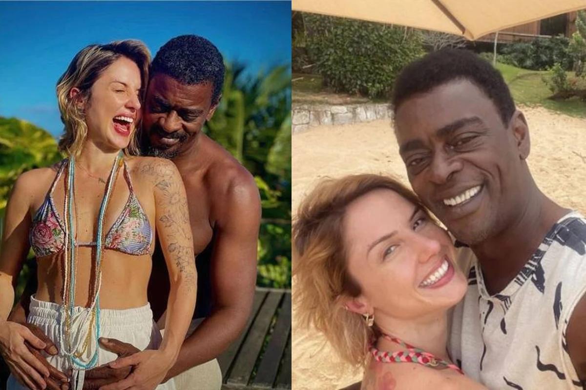 Seu Jorge ao lado de Karina Barbieri grávida e Seu Jorge ao lado da mulher onde aparecem sorrindo