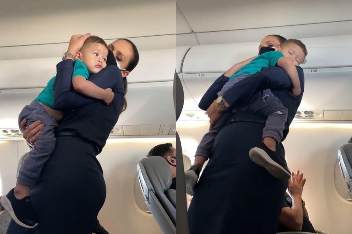 A comissária de bordo acalmou o bebê e fez ele dormir durante o voo