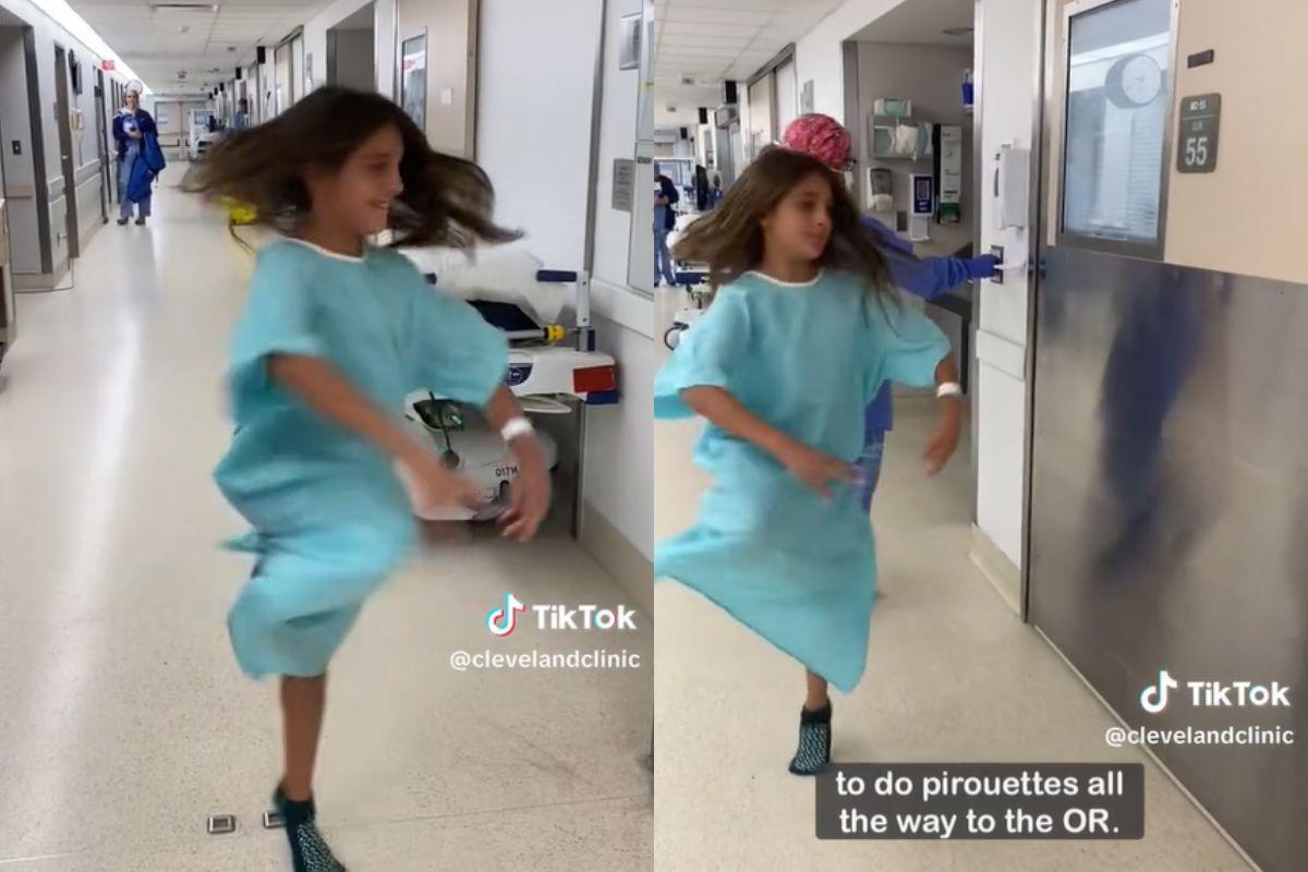 Menina vai para cirurgia dando pirueta, criança vai para cirurgia dando pirueta, menina indo para centro cirúrgico dançando, criança indo para centro cirúrgico dançando