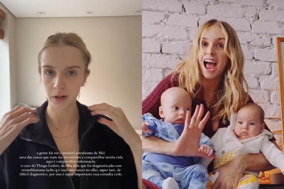 Isabella Scherer à esquerda e Isabella Scherer com os gêmeos à direita