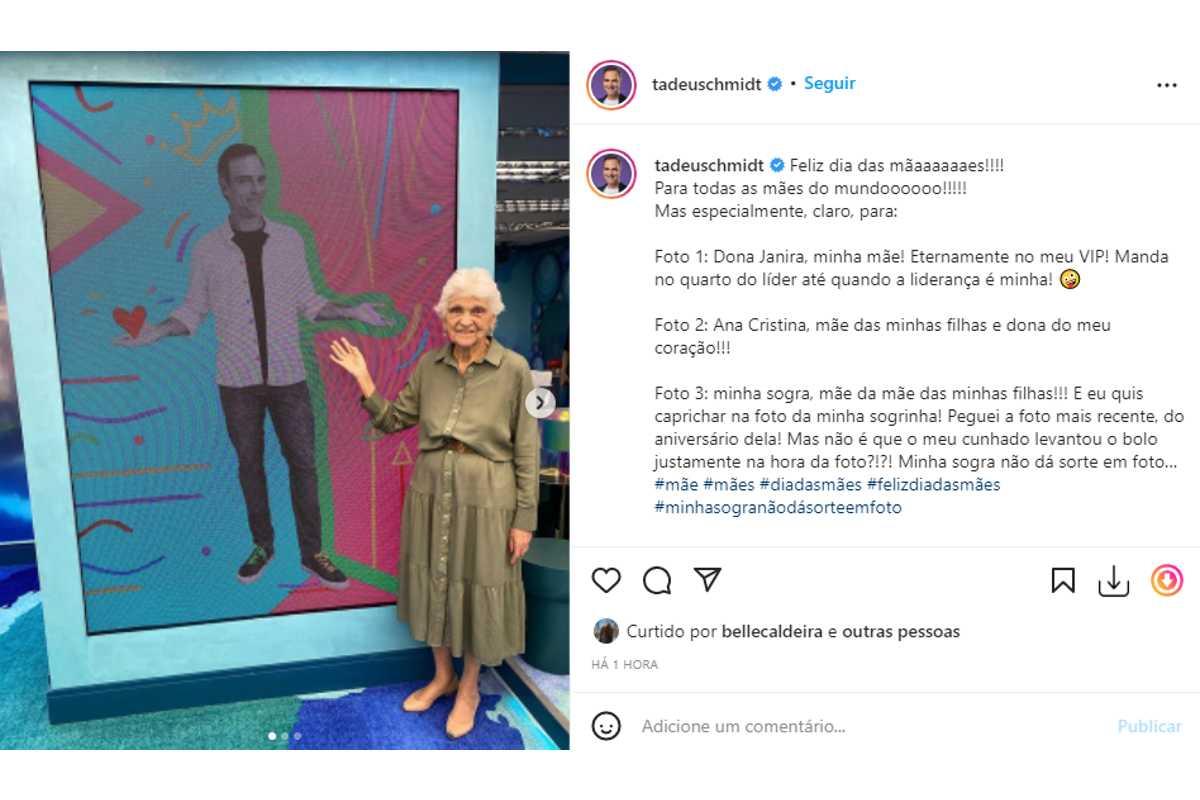 Tadeu Schmidt faz homenagem para mãe em clima de BBB