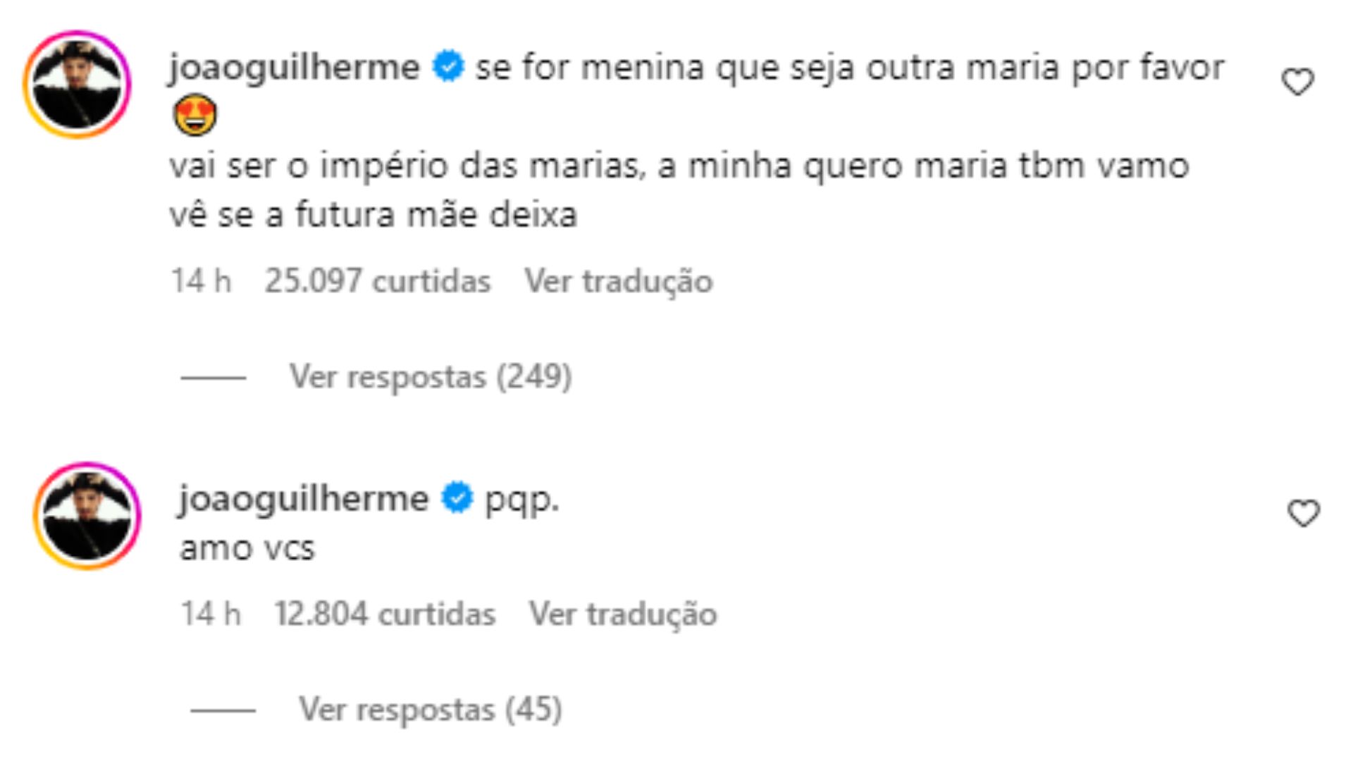 Coment&aacute;rio de Jo&atilde;o Guilherme sobre an&uacute;ncio de terceira gravidez de Virginia