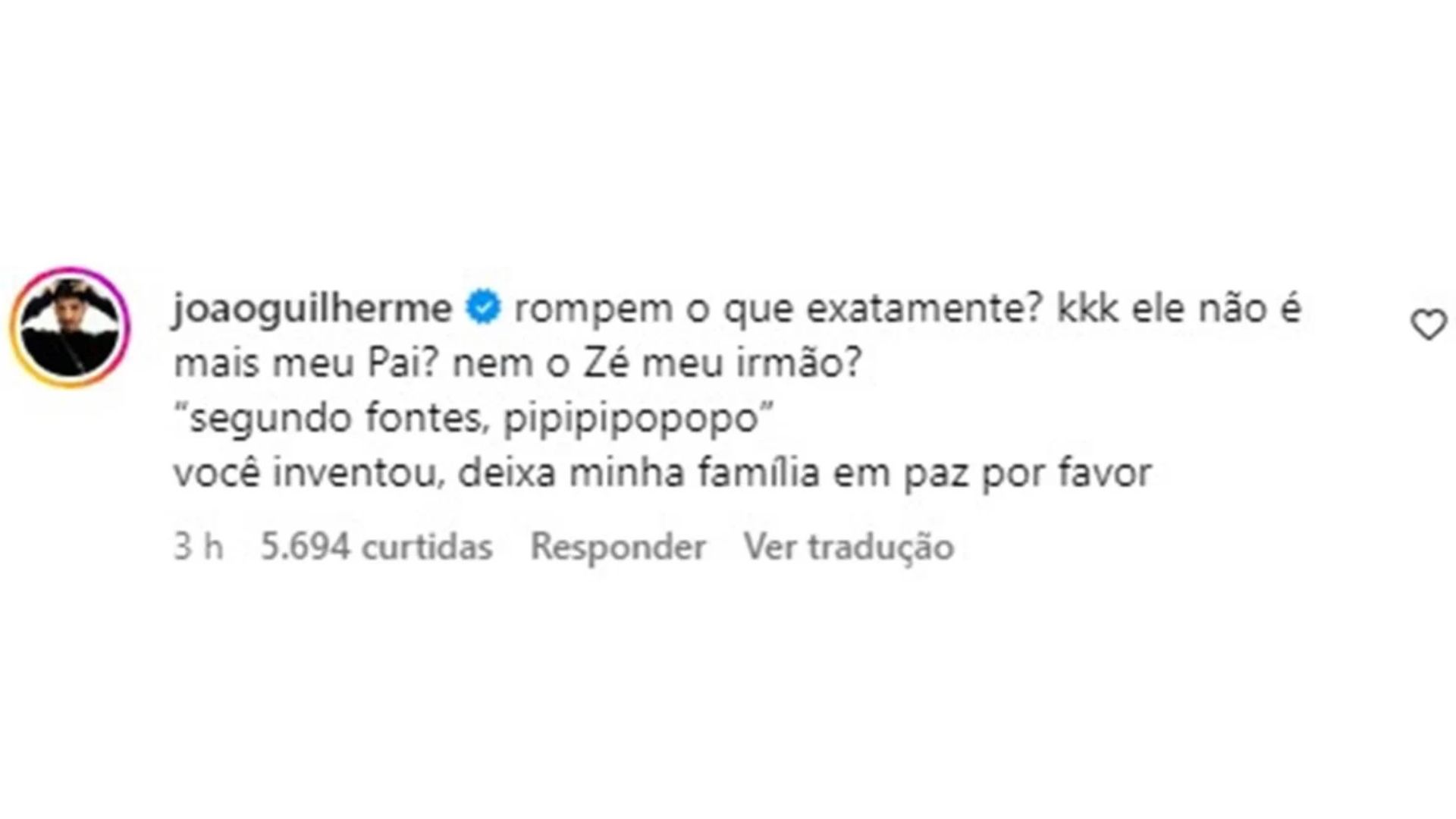 Pronunciamento de Jo&atilde;o Guilherme sobre rompimento com fam&iacute;lia