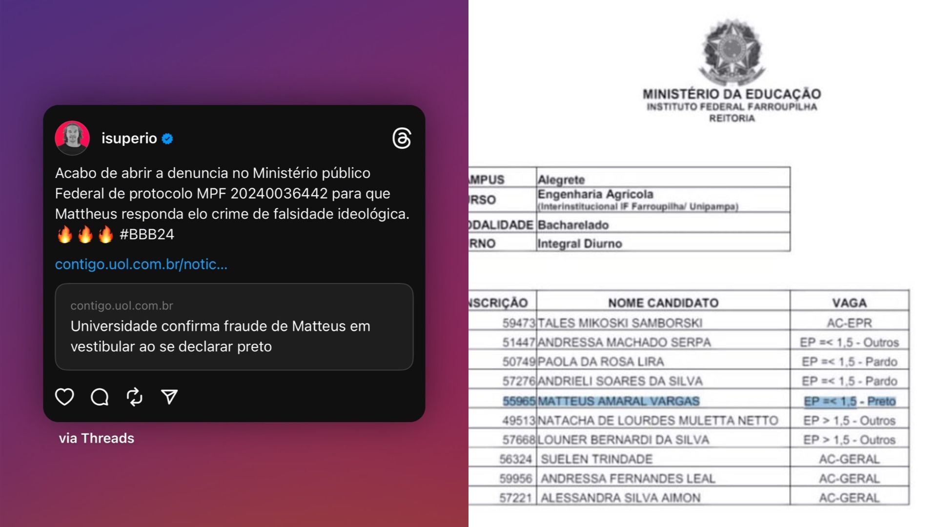 Matteus &eacute; denunciado por fraude de cotas raciais