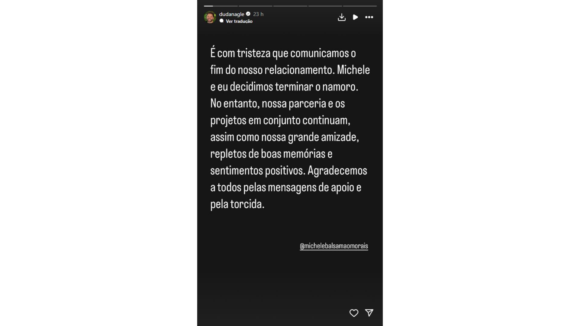 Chega ao fim namorod de Duda Nagle e Michele Balsam&atilde;o 