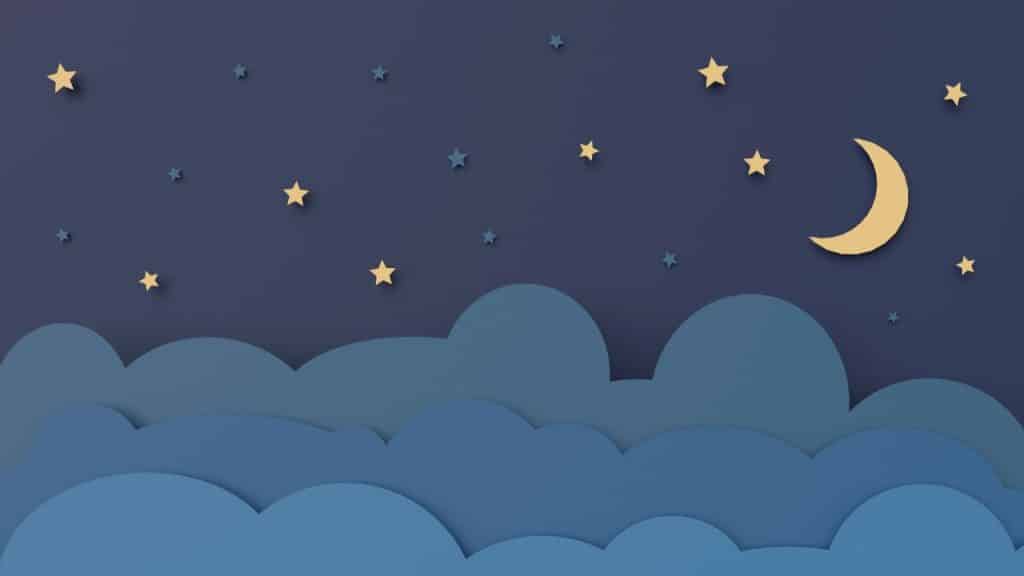 Lua em céu azul escuro com nuvens azuis representando o sono do bebê.