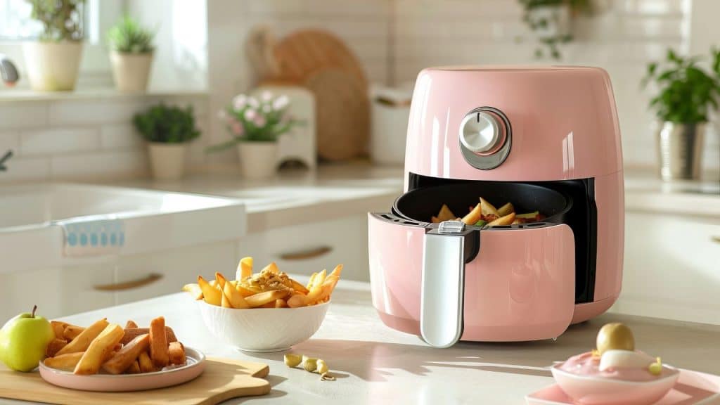 Airfryer rosada em uma cozinha branca com comidas em volta.