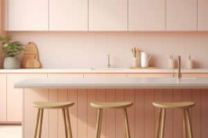 Cozinha com balcão, armários e banquinhos ilustrando um truque para afiar facas.