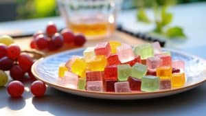 Gelatina mosaico em um balcão com frutas e bebidas.