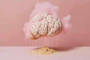 Cérebro com fumaça em volta solta areia em frente a um fundo rosa, simbolizando a crise materna de saúde mental.