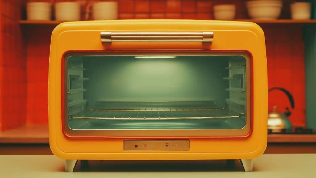 Forno elétrico amarelo retrô em uma cozinha laranja.