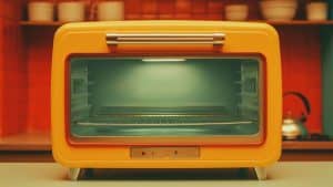 Forno elétrico amarelo retrô em uma cozinha laranja.