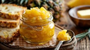 Geleia de abacaxi com maracujá num pote de vidro.