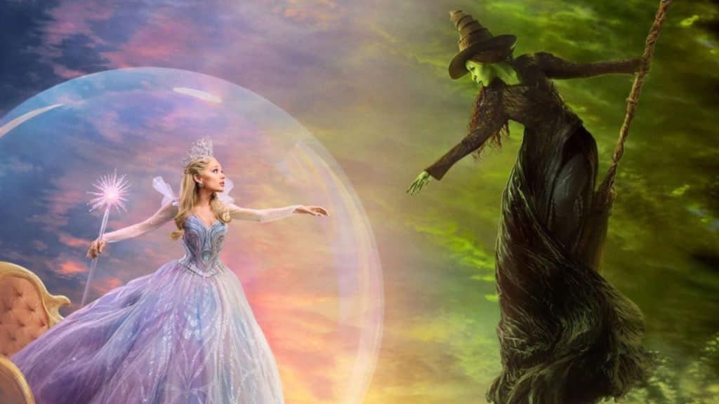 Personagens de Wicked: Parte 2 representando os filmes para família.