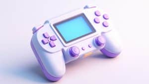 Controle de jogos branco e lilás em um fundo neutro.