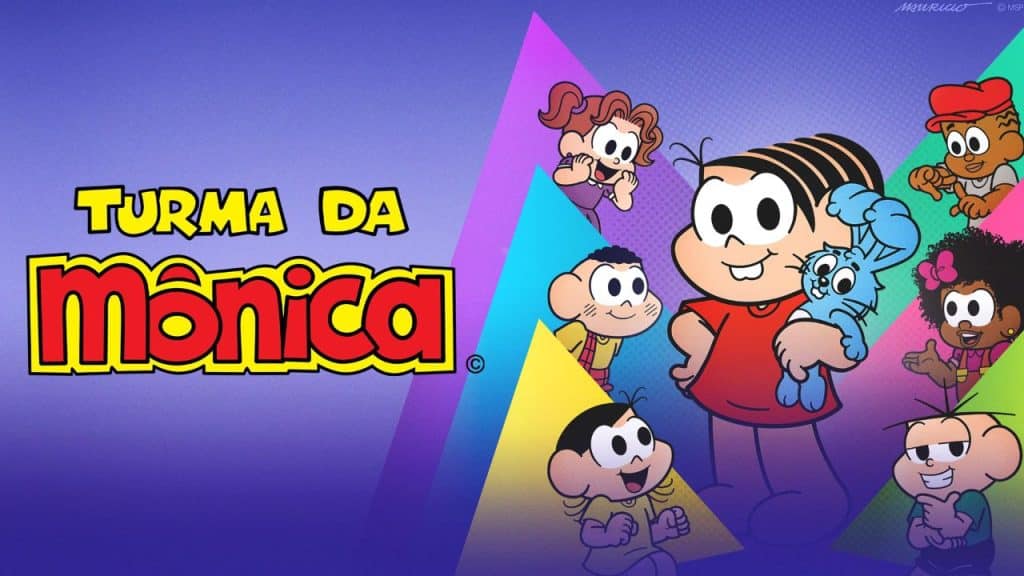 Personagens da Turma da Mônica acompanhados do logo da franquia.