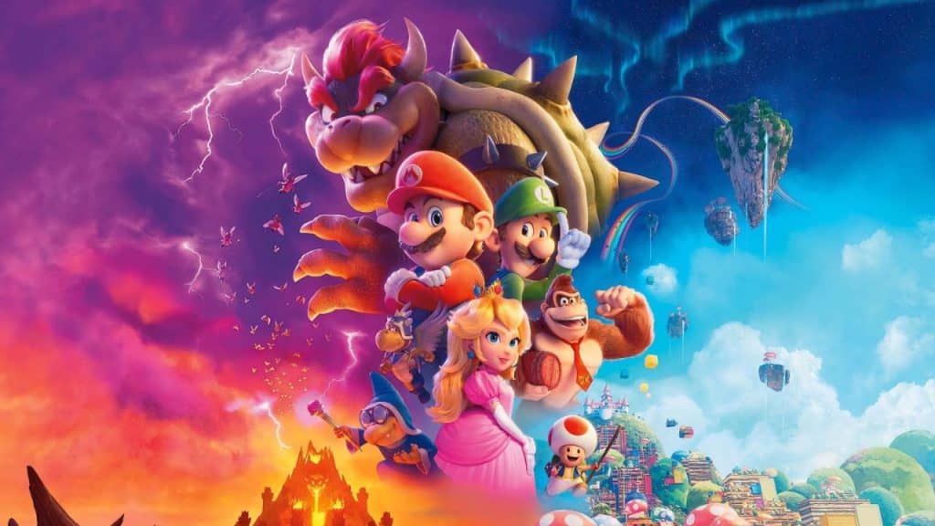 Personagens em poster colorido de Super Mario Bros, filme disponível no Prime Video.