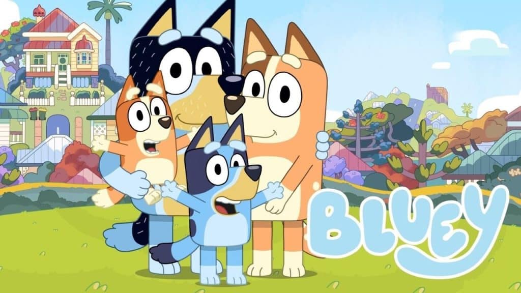 Personagens de Bluey junto ao logo da série.