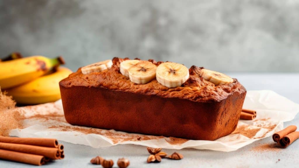 Bolo integral de banana em uma mesa com bananas e canela ao lado.