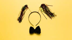 Tiara de festa e gravata borboleta representando o cabelo maluco.