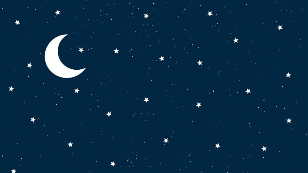 Lua e estrelas numa noite azul, representando o sono infantil.