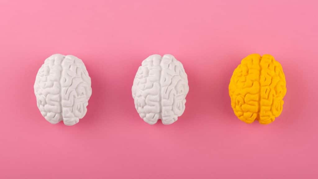 Cérebro amarelo ao lado de cérebros brancos em um fundo rosa.