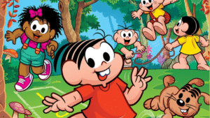 Na imagem estão presentes personagens da franquia comnhecida como Turma da Mônica