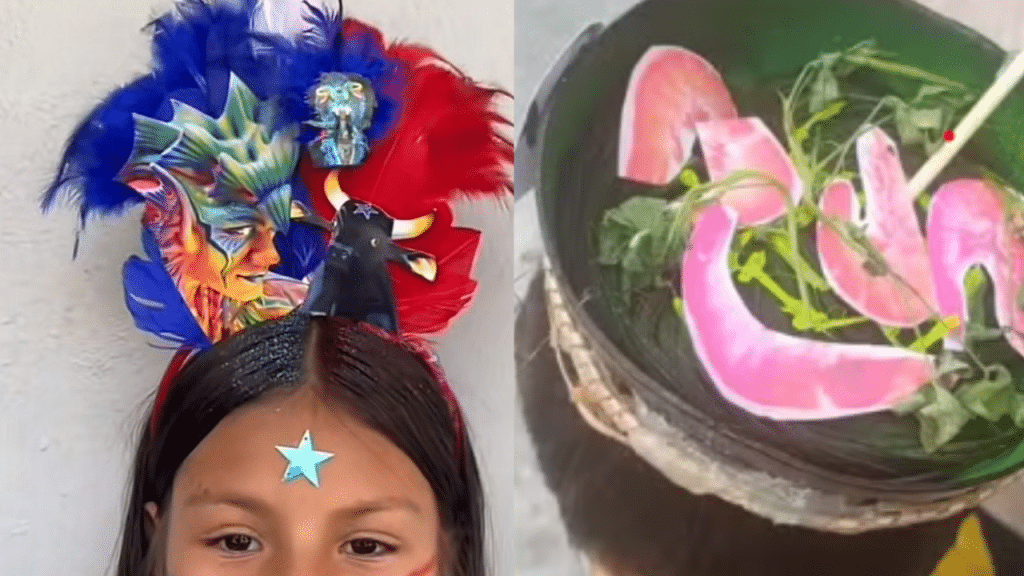 Montagem de duas crianças com peteados diferentes. Uma está com um boi na cabeça e a outra com uma flor, ambos de papel