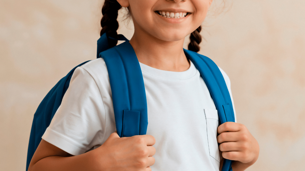 Criança com uma camisa branca sorrindo com uma mochila nas costas